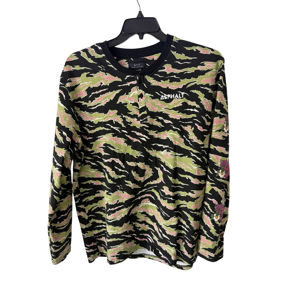Asphalt Yacht Club AYC Mens XL Tiger Stripe Camo Floral Long Sleeve Henley Shirt